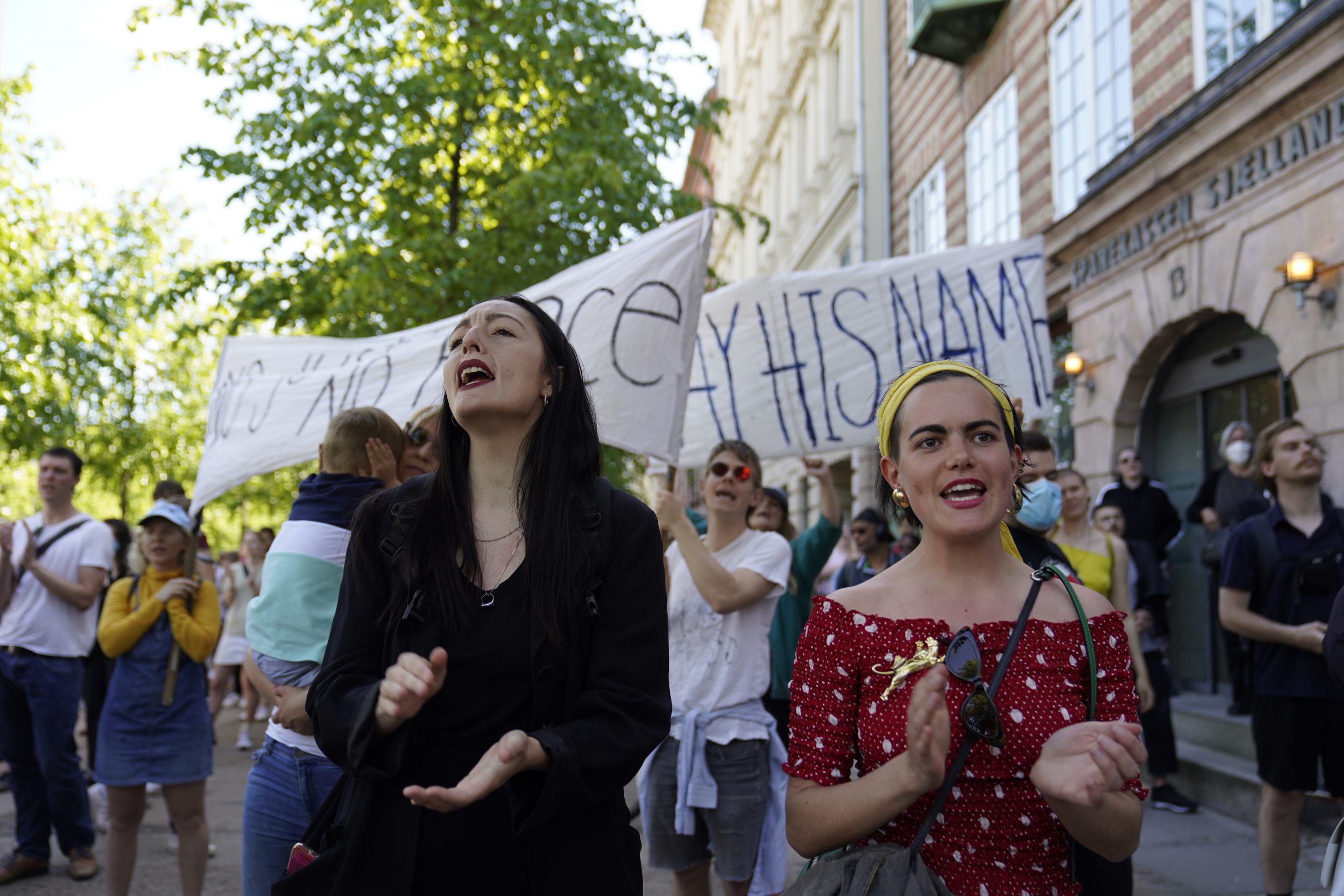 Demonstrators in front of the U.S. Embassy in Copenhagen, Denmark, on Sunday, May 31, 2020. Ida Guldbaek Arentsen/Ritzau scanpix via AP