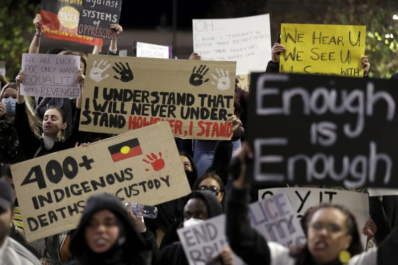 Protestors gather in Sydney, Australia, on June 2, 2020, to support the cause of U.S. protests over the death of George Floyd and urge their own government to address racism and police violence. (Rick Rycroft / AP)